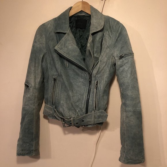 GESTUZ Leather Trompe L’Oeil Denim-look Biker Jacket Ombré Teal Y2K Slim Fit - Picture 1 of 6